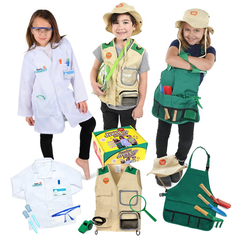 Born Toys Kids Costumes Set, 3-in-1 Dress Up & Pretend Play, Ages 3-7, Washable, Includes Scientist, Explorer, Gardening Accessories - Image 1